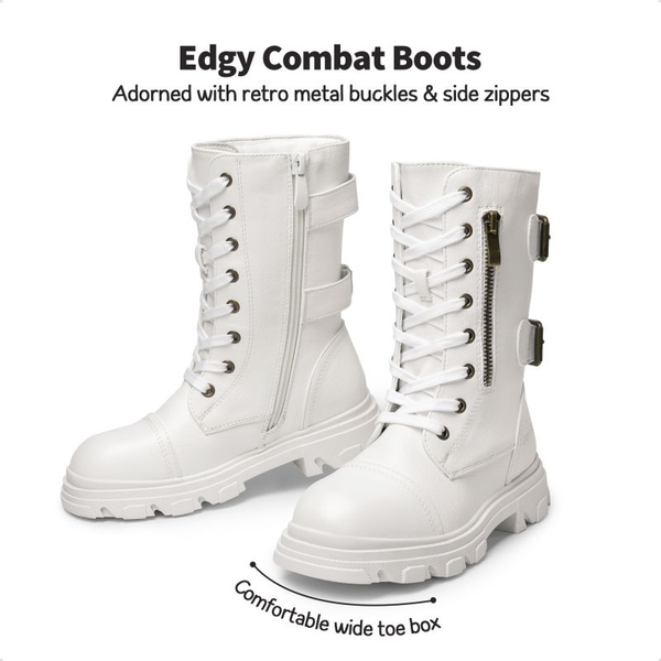 Girls Vegan Leather Combat Ankle Boots - WHITE - 1